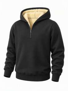 Sweatshirt Pria Kasual Minimalis Serbaguna Musim Gugur/Dingin dengan Lapisan Termal dan Resleting Setengah, Cocok untuk Perjalanan dan Bepergian Sehari-hari - Hitam - View 2