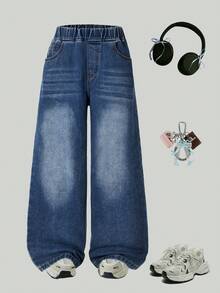 Girls' Elastic Waist Pocket Wide Leg Loose Casual Denim Jeans - Blue - View 2