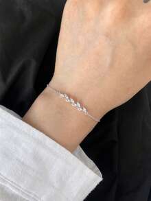 1pc Gold-Colored Leaf & Wheat Spike Design Copper Bracelet With Cubic Zirconia Inlay, Suitable For Women To Wear In Daily Life, Date And Party Occasions - Yellow Gold - View 2