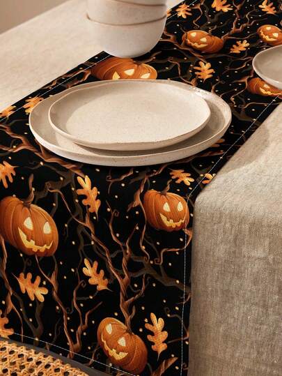 1pc Spooky Autumn Halloween Pumpkin, Dried Branch & Leaf Print Linen Table Runner, Placemat, Suitable For Holiday, Party, Birthday, Dinner, Kitchen, Dining Table Decor, Shoe Cabinet, Storage Cabinet Cover, All Season Room Decor, Home Textile Decoration Table Runner, Placemat