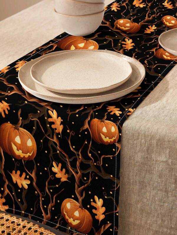 1pc Spooky Autumn Halloween Pumpkin, Dried Branch & Leaf Print Linen Table Runner, Placemat, Suitable For Holiday, Party, Birthday, Dinner, Kitchen, Dining Table Decor, Shoe Cabinet, Storage Cabinet Cover, All Season Room Decor, Home Textile Decoration Table Runner, Placemat