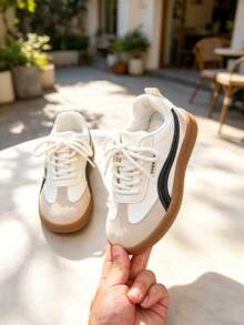 Sepatu Sneakers Latihan Anak-Anak Gaya Retro Colorblock Jerman, Sepatu Kasual Bertali dengan Sol Karet Anti Selip Motif Patchwork untuk Anak Laki-Laki dan Perempuan - Putih - View 2