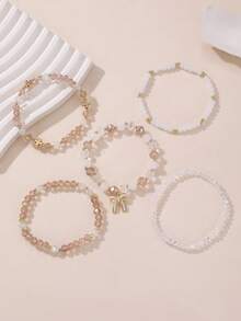5pcs/Set Girls Beaded Bracelets Sweet Bow Pendant Elastic Wristbands Versatile Accessories - Multicolor - View 8