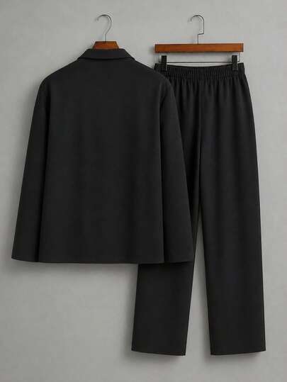 Men's Plus Size Suit Set, Solid Color Casual Suit Set For Autumn, Suitable For Daily Wear