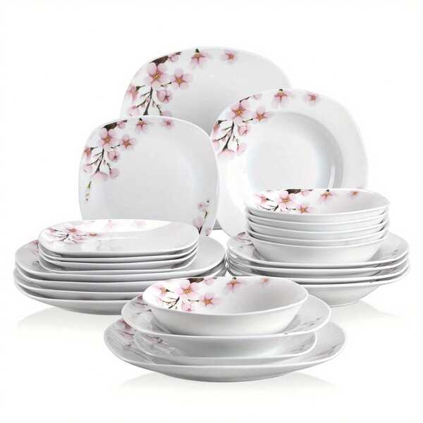 24-teiliges Geschirr-Set, Quadratisches Keramik-Service für 6 Personen, Modernes Design, Ideal für Urlaub, Abendessen, Dessert und Suppe