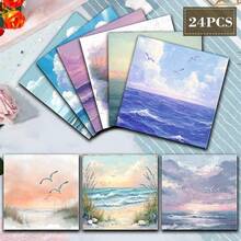 24 Sheets Beach Ocean Scenery Scrapbook Paper, 6 Inch Square Non-Repeating, Watercolor Beach Sunset Ocean Seagull Landscape Background Paper, Junk Journal Collage Decorative Paper, DIY Handmade Greeting Card Creation, Artistic Style Handmade Small Gifts - Square - View 7