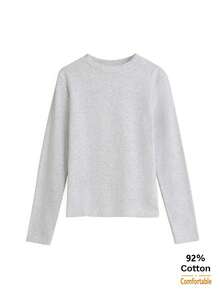 Kaos Lengan Panjang Wanita Warna Abu-abu, Atasan Katun Slim Fit Kerah Bulat untuk Lapisan Dalam, Pakaian Dalam Kasual Gaya Jepang untuk Musim Gugur - Abu-abu - View 6