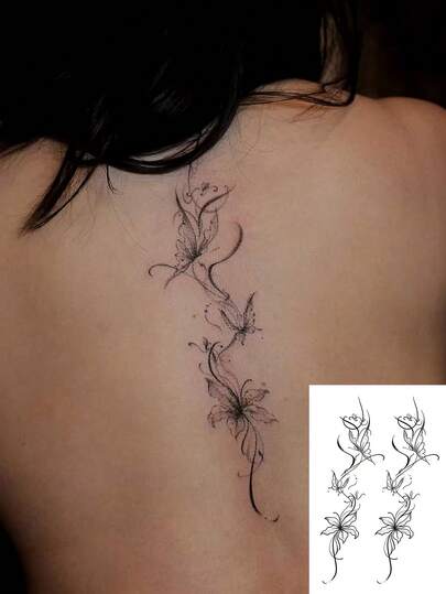 1 Sheet Ertical Butterfly Floral Vine Temporary Tattoo Stickers, Black Sketch Fine‑Line Curly Flower Butterfly Fake Decals, Waterproof Skin Decor For Spine, Back, Neck And Forearm, Elegant Minimal Aesthetic Body Art Accessories For Women Girls