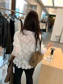 New Women's Minimalist Autumn French Lace Top, Long Sleeve Ruffle Hem, Youthful Loose Fit Top - Apricot - View 6