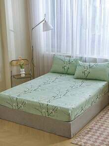 3-Piece Green Plum Blossom Branch Pattern Bedding Set (Pillow Inserts Not Included), Bedroom Bedding Set, Brushed Microfiber Material, Breathable And Comfortable, Includes 1 Fitted Sheet And 2 Pillowcases (Pillow Inserts Not Included), Suitable For Back To School Dorm Use. - Green - View 1