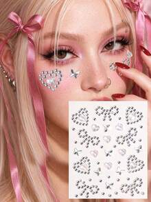 2PCS Multi-Particle 3D Asymmetric Self-Adhesive Rhinestone Bow & Heart Y2K Holiday Gift DIY Music Festival Party Makeup Ball Face Decoration Rhinestone Stickers - Multicolor - View 6