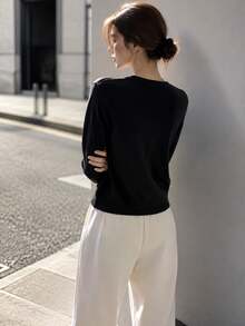 Stylish Women's Round Neck Long Sleeve Black Cardigan, Knitted Button Front Short Top, Versatile For Fall And Winter Wardrobe - Black - View 2