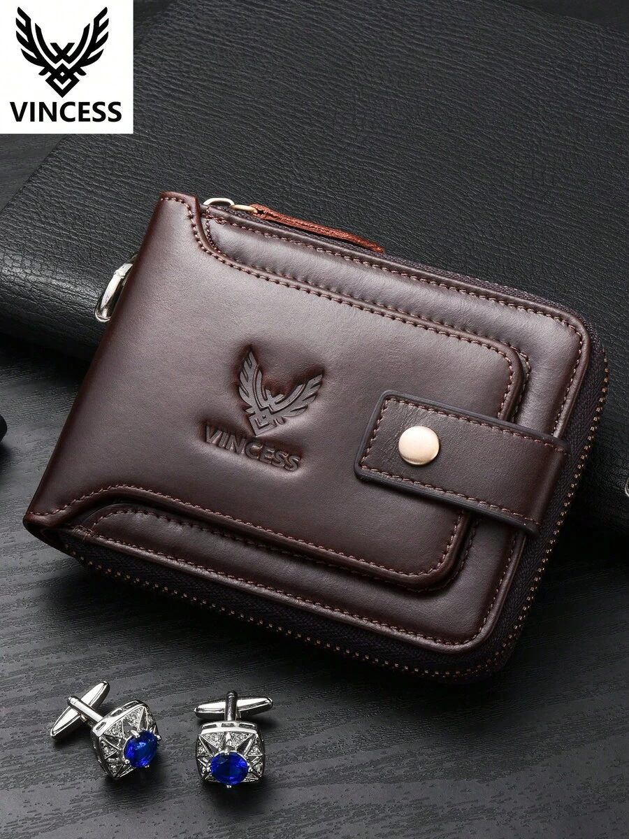 VINCESS Men's Casual Vintage Cow Leather Wallet, Fashion Genuine Leather Wallet, ID Window, Multi-Layer Card Slots With RFID Blocking, Zipper Cash Compartment For Secure And Convenient Use, Suitable For Daily Travel, Perfect Holiday Gift For Men - Coffee Brown - View 1