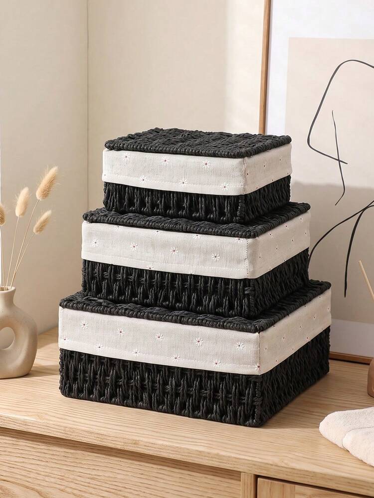 1pc/3pcs Woven Paper Storage Basket With Lid, Desktop Organizer For Cosmetics, Keys And Miscellaneous Items, Multi-Scenario Home Storage Bin, Suitable For Kitchen, Bedroom, Bathroom, Dorm, Office Desk, Winter Home Decor, Country Style, Ideal Gift - Black - View 1