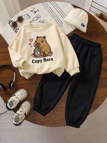 2pcs/Set Cute Capybara English Print Crew Neck Top + Jogger Pants Young Girl Sporty Casual Versatile Outfit - Black - View 1