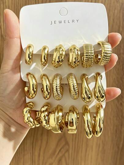 Juego de 18 piezas de pendientes vintage de aro C gruesos dorados, pendientes de gota de agua texturizados de varios estilos, joyería de moda hipoalergénica, adecuada para uso diario y fiestas, regalo perfecto para la novia