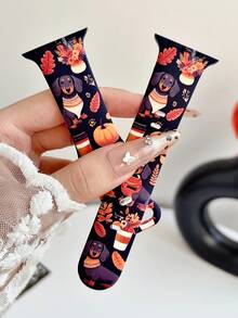 1pc Halloween Autumn Dachshund Pumpkin Print Silicone Watch Band, Compatible With Apple Watch Band 38mm 40mm 41mm 42mm 44mm 45mm 49mm (S10 42mm) (S10 46mm), Comfortable Replaceable Soft Silicone Strap, Suitable For Apple Watch Series 11 Ultra 3 S10 - Multicolor - View 3