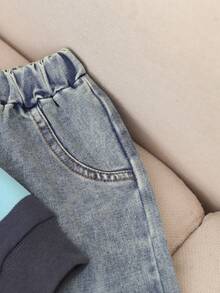 2pcs/Set Boys Spring Autumn Striped Bear Embroidery Crew Neck Long Sleeve Sweatshirt & Washed Denim Jeans Elastic Waist Comfortable Casual Outfit - Multicolor - View 5