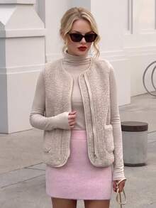 Autumn/Winter Faux Shearling Vest, Retro Slim-Fit Lightweight Sleeveless Jacket For Women, Solid Color - Apricot - View 2