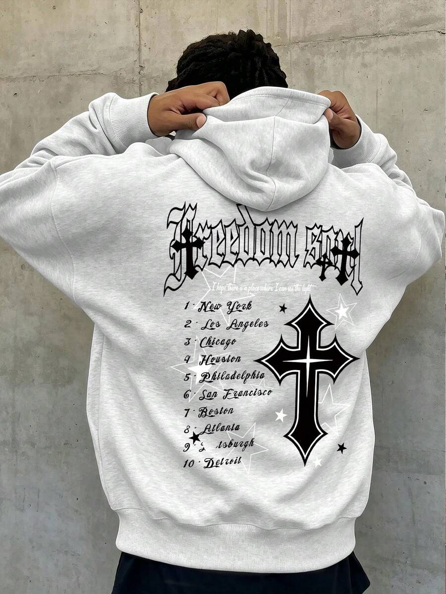 休閒連帽復古字母印花運動衫,中性款,適合秋冬,青少年風格 - 淺灰色 - 查看 1