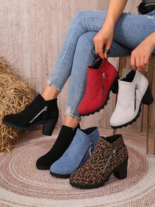 Women's Autumn/Winter Solid Color Side Zipper Chunky Heel Ankle Boots, Fashion Thick Platform Waterproof Versatile Western Style Side Zipper Chunky Heel Holiday Outdoor - Red - View 1