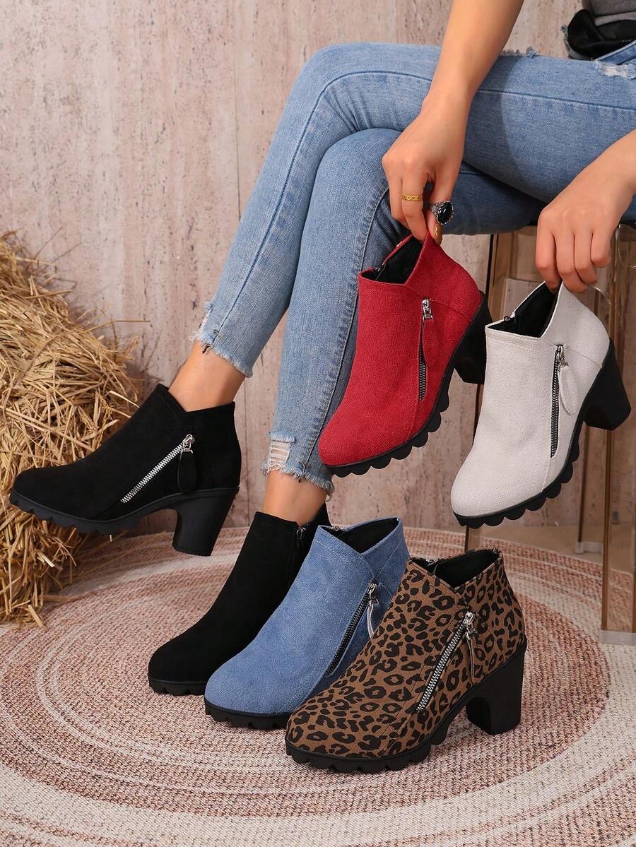 Women's Autumn/Winter Solid Color Side Zipper Chunky Heel Ankle Boots, Fashion Thick Platform Waterproof Versatile Western Style Side Zipper Chunky Heel Holiday Outdoor - Red - View 1