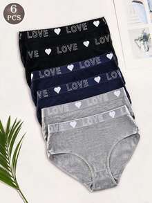 6pcs Women's Panties Triangle Briefs Fitted Underwear Solid Color Basic Style Heart & Letter Print Waistband Multi-Color - Multicolor - View 1