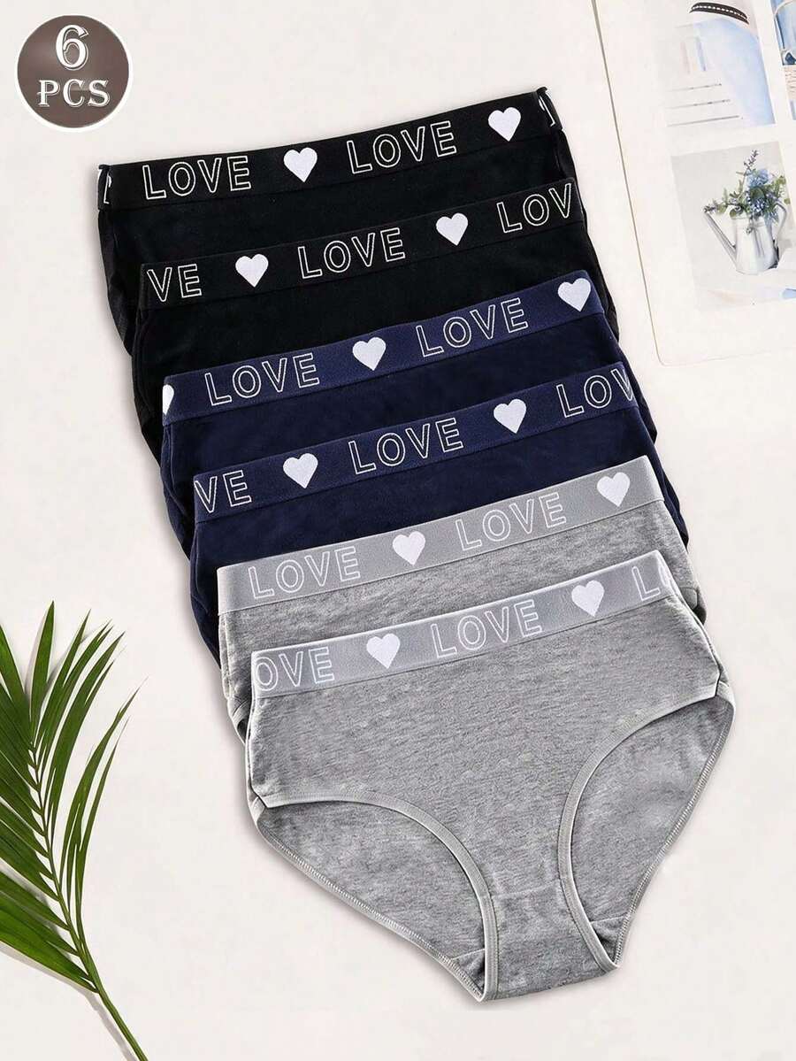 6pcs Women's Panties Triangle Briefs Fitted Underwear Solid Color Basic Style Heart & Letter Print Waistband Multi-Color - Multicolor - View 1