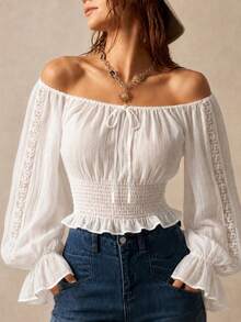 Women's Bohemian Style Cold Shoulder Lace Trim Blouse, Tie Front Cinched Waist Ruffle Long Sleeve Cropped Top, New White - White - View 1