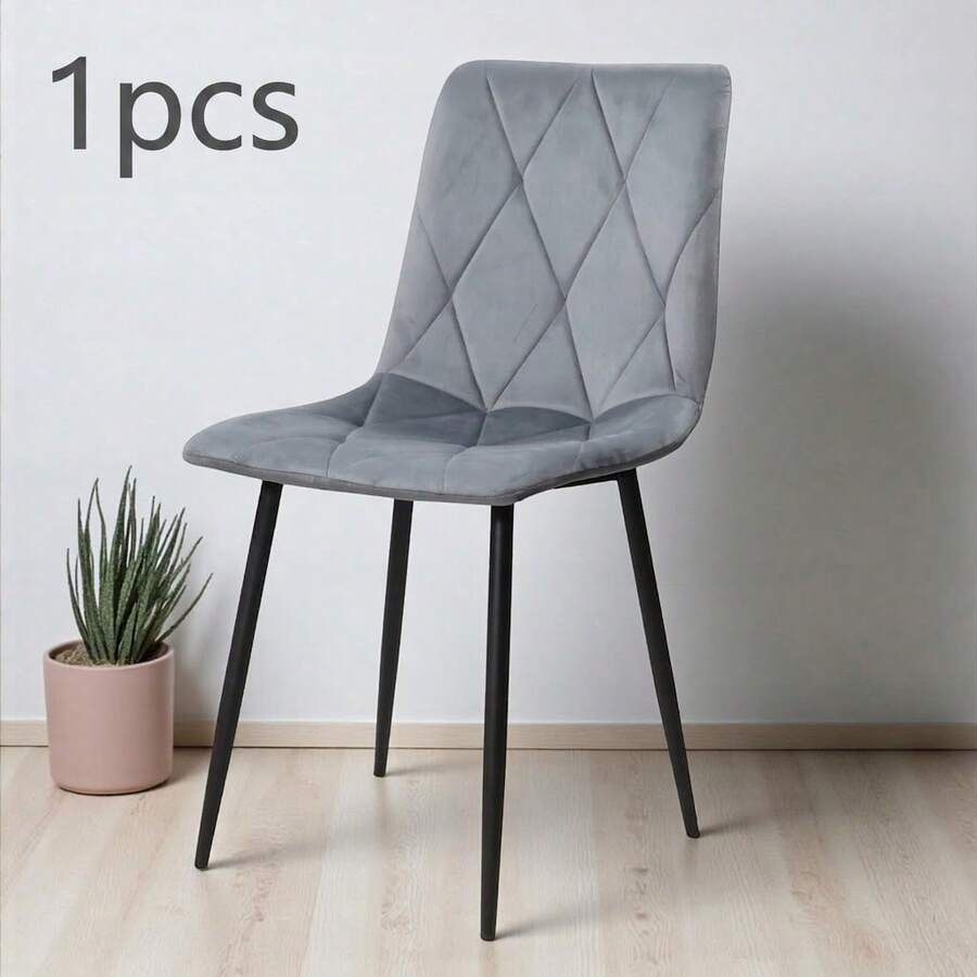 1pc Grey Velvet Dining Chair, Upholstered Easy-Clean Chair With Padded Seat, Ergonomic Backrest & Black Metal Legs, 120 Kg Capacity, For Dining Room, Kitchen & Living Room - Light Grey - View 1