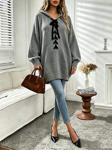 Sweater Rajut Lengan Panjang Berkerudung dengan Tali Silang, Warna Polos, Ukuran Besar, Gaya Kasual, Musim Gugur - Bunga abu-abu - View 5