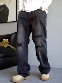 Washed Distressed Straight Leg Casual Denim Jeans - Black - View 3