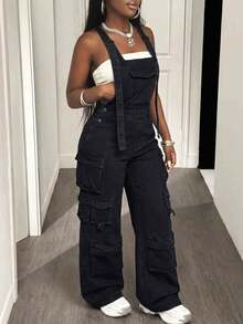 Women's Sleeveless Black Washed Denim Jumpsuit, Long Casual Elegant, Suitable For All Seasons, Non-Stretch - Black - View 3