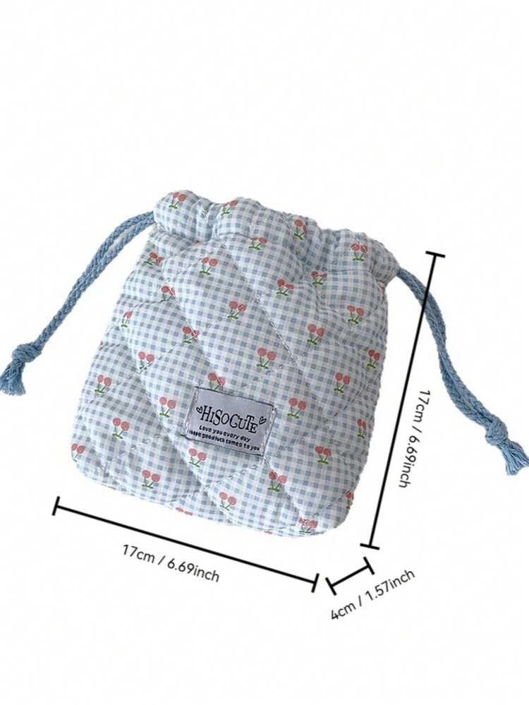 Cherry Random Print Drawstring Storage Bag, Portable Fabric Cinch Pouch For Camera, Cosmetics, Data Cables, Earphones, Commuter Bag Organizer, Travel Sorting Bag, Desktop Clutter Organizer - Multicolor - View 3