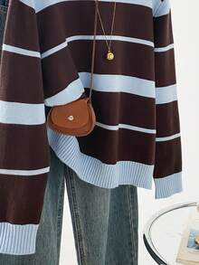Women's Round Neck Colorblock Striped Knit Sweater, Long Sleeve Pullover, Casual Autumn/Winter Everyday Top - Blue/Khaki - View 5