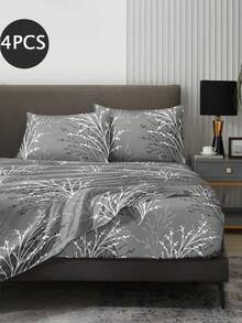 4-Piece Gray Floral Pattern Bed Sheet Set, Includes 1 Fitted Sheet, 1 Flat Sheet And 2 Pillowcases (Pillow Inserts Not Included), Fitted Sheet Set, Available Sizes: Extra Large, Large, Standard Double, Single, Deep Pocket Design, Pillowcases Up To 11.8 Inches, Soft And Breathable, Wrinkle-Resistant - Grey - View 2