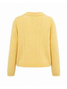 Sweater Pullover Wanita Kerah Polo Rajut Kabel Lengan Panjang Slim Fit Leher V Musim Gugur - Kuning - View 8