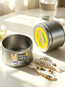 Novelty Sardine Can‑Shaped Metal Jewelry Storage Box, Cat Print, Fishbone Partition Snap Closure,Trinket Organizer, Container, Gifts Daily Decor - Multicolor - View 3