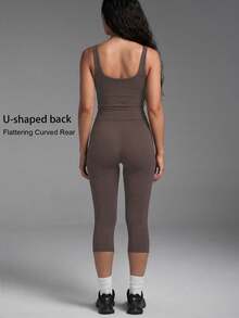 Women's Casual Sports 2 Pieces Set, U-Neck Backless Sleeveless Tank Top With Removable Padded Cups, High-Waisted Slim-Fit Capris, Suitable For Yoga, Running, Outdoor Sports - Brown - View 2