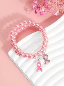 European And American Breast Cancer Awareness Pink Beaded Bracelet For Women, Pink Ribbon Pendant Hand Accessory - Multicolor - View 4