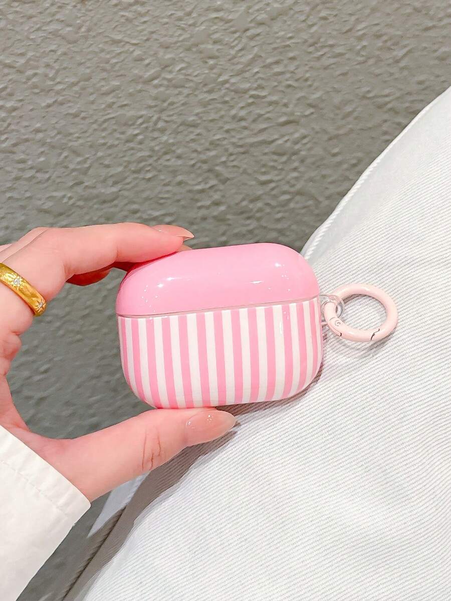 Cute Pink Stripe Earbud Case Cover, Glossy Hard Shell Protective Earphone Case With Keychain, Shock‑Resistant Decor Earbuds Protector, Portable Earbud - Multicolor - View 1