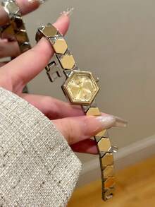 1件獨特雙色六角形女款手錶，極簡金色錶盤類比指針腕錶，混合刻度設計，適合日常佩戴 - 銀間金 - 查看 1