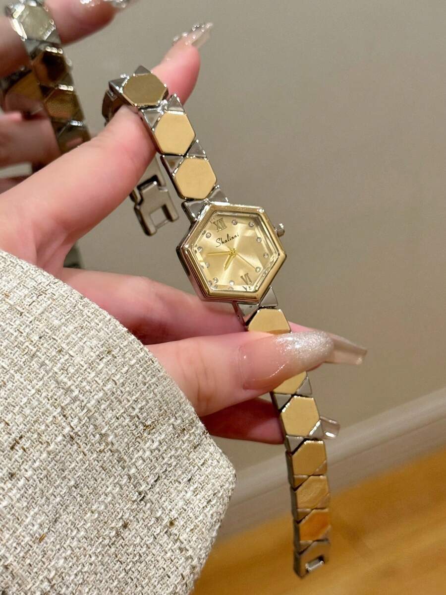 1件獨特雙色六角形女款手錶,極簡金色錶盤類比指針腕錶,混合刻度設計,適合日常佩戴 - 銀間金 - 查看 1