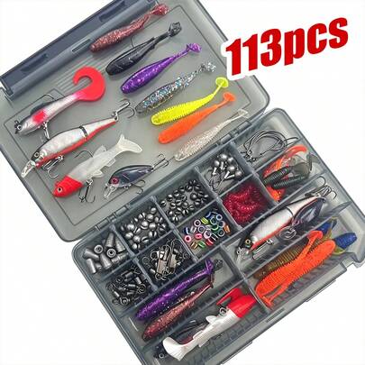 Freshwater Fishing Lure Set, Bass Trout Salmon Fishing Accessories, Includes Spoon Lures And Soft Plastic Worm Lures In Tackle Box, Fishing Gift