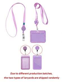 Purple Rhinestone ID Card Holder With Lanyard, ID Card Storage Box, Anti-Lost Lanyard, Student ID Card Holder, Self-Service Restaurant Card Holder - Multicolor - View 9