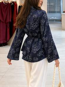 Women's Elegant Floral Print Top, Autumn - Royal Blue - View 2