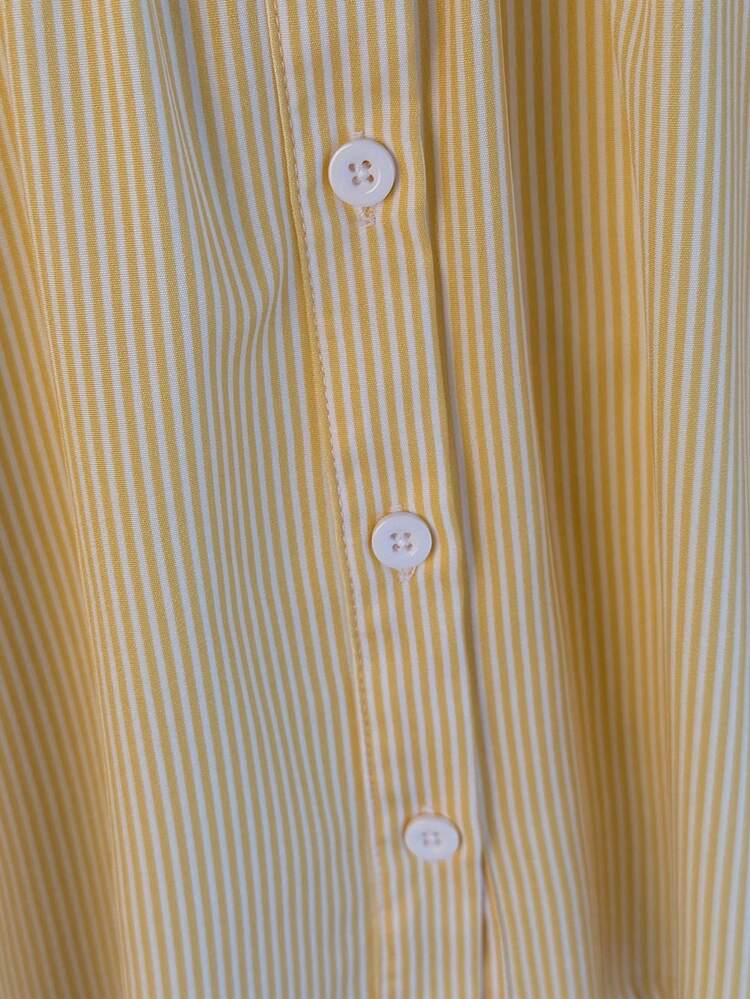 2pcs Girls Summer Sweet Casual Preppy Style Striped Print Shirt Dress With Shawl Decoration Set, Suitable For Daily, Outdoor, Vacation, Beach, School, Commute - Yellow - View 7