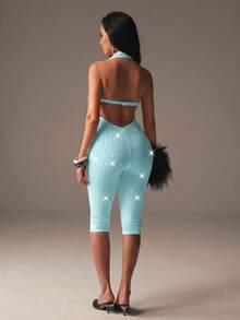 Spring Summer Autumn Sexy Halter Neck Rhinestone Backless Sleeveless Music Festival Party Vacation Date Daily Commute Women's Jumpsuit - Mint Blue - View 10