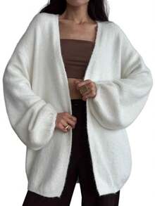 Damen Strickcardigan mit V‑Ausschnitt, weicher flauschiger Strickstoff, lange Ballonärmel, offene Front lässige Strickjacke für Alltag - Weiss - Übersicht 2