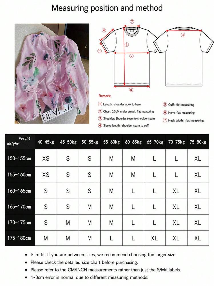 Women's Floral Print Pleated Casual Versatile Daily Commute Back To School Shirt, Autumn/Winter Pink Summer - Pink - View 5